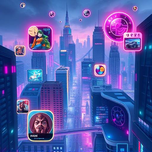 A futuristic cityscape with various gaming icons floating, representing the trends in interactive gaming.