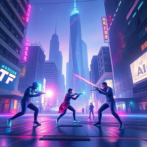 Futuristic cityscape with holograms of game characters battling, symbolizing the future of gaming.