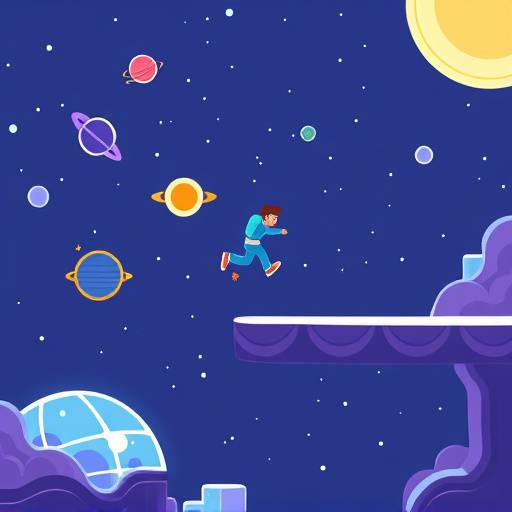 Screenshot of the Cosmic Jumper hyper-casual game, showing a character jumping between platforms in space.