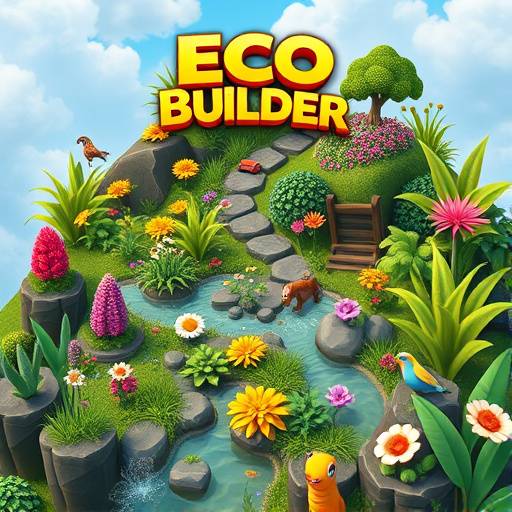 Screenshot of the Eco Builder game, showing a personalized ecosystem with various plants and animals.